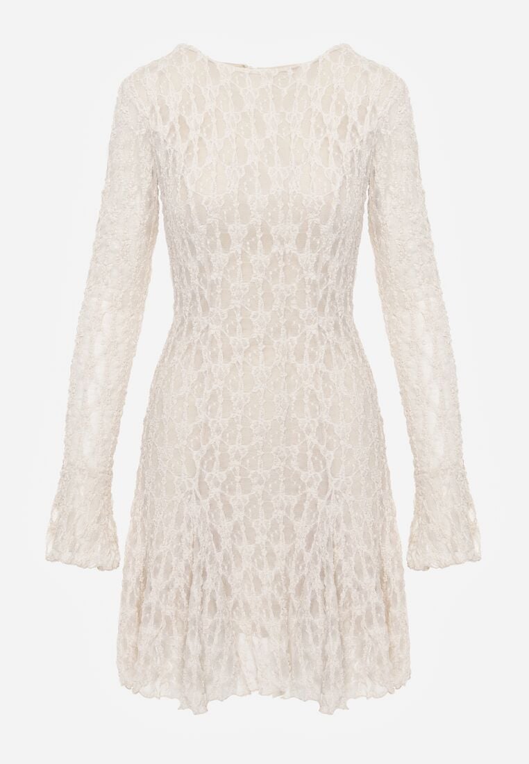 Beżowa Sukienka Koronkowa z Rozkloszowanymi Rękawami Cinatea 6