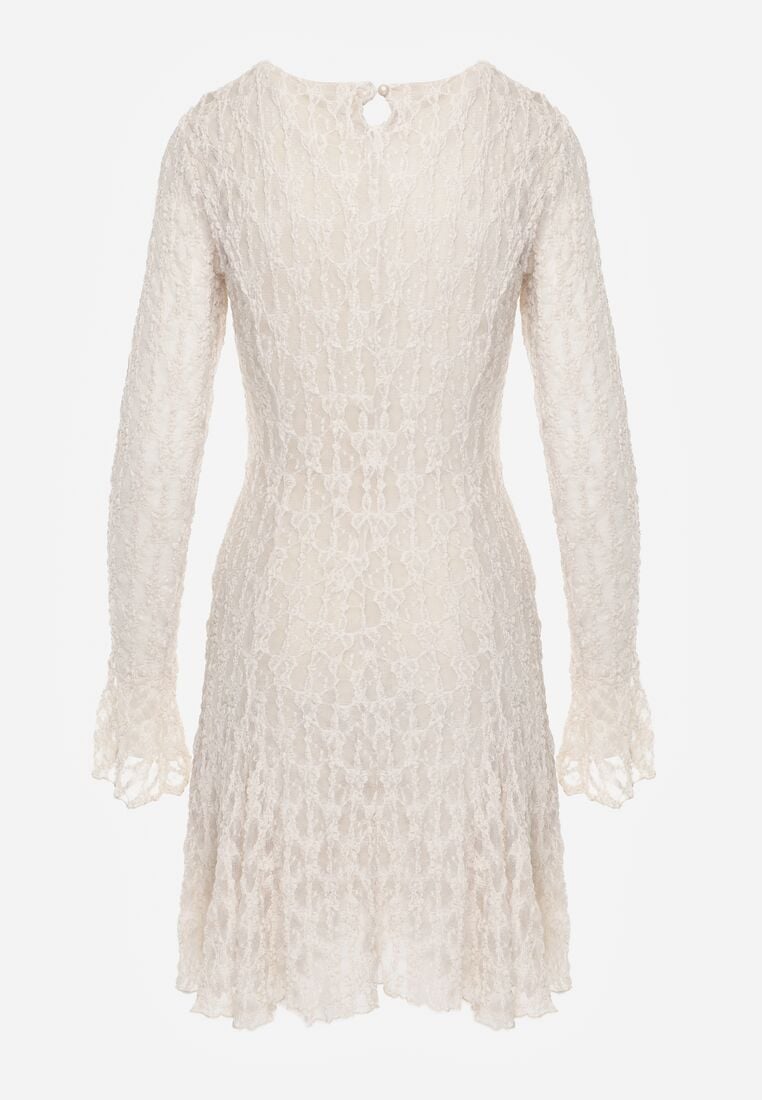 Beżowa Sukienka Koronkowa z Rozkloszowanymi Rękawami Cinatea 7
