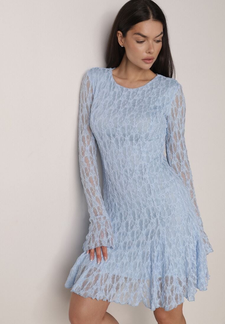 Niebieska Sukienka Koronkowa z Rozkloszowanymi Rękawami Cinatea 1