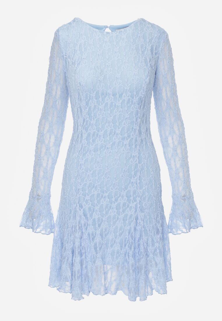 Niebieska Sukienka Koronkowa z Rozkloszowanymi Rękawami Cinatea 6
