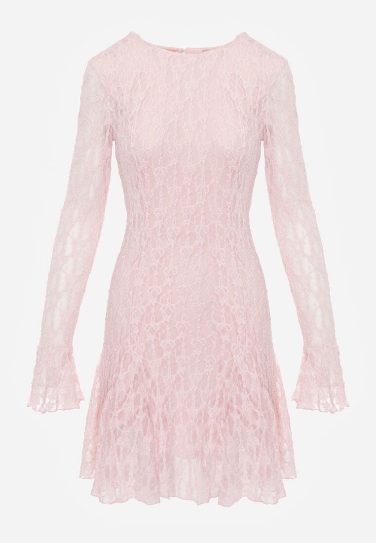 Różowa Sukienka Koronkowa z Rozkloszowanymi Rękawami Cinatea 6