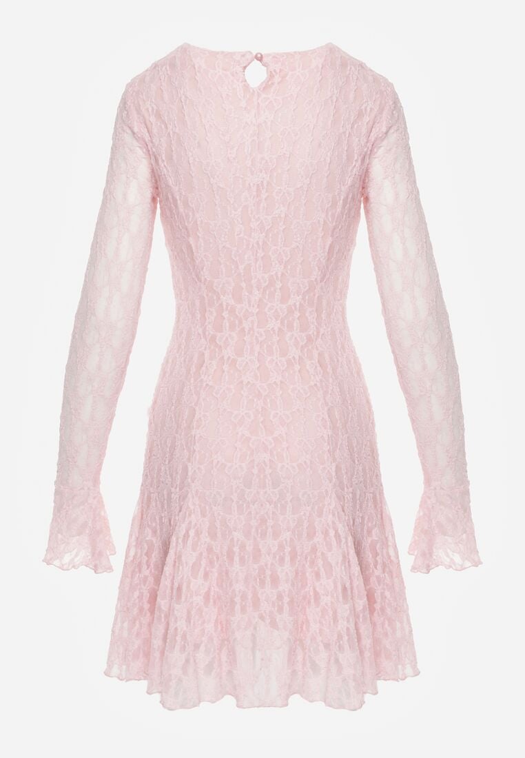 Różowa Sukienka Koronkowa z Rozkloszowanymi Rękawami Cinatea 7
