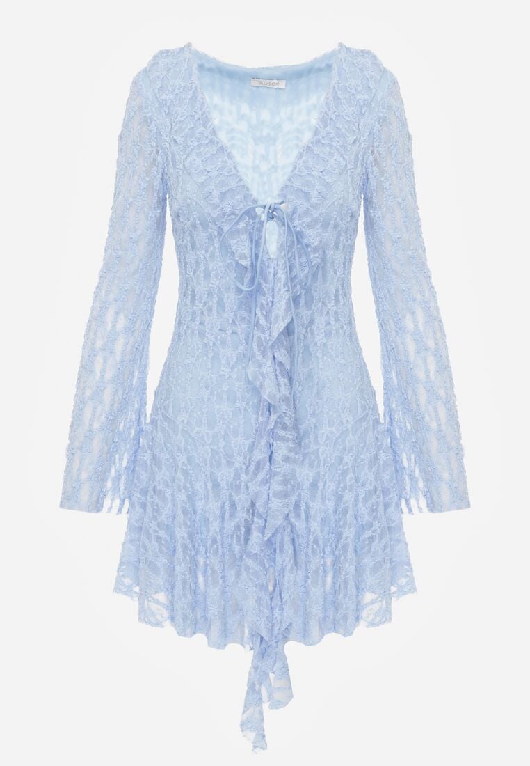 Niebieska Koronkowa Sukienka z Falbankami i Wiązaniem przy Dekolcie Delanatea 6
