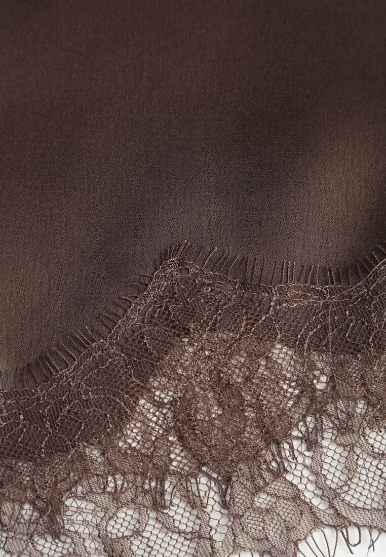 Brązowa Satynowa Spódnica o Asymetrycznym Kroju z Koronką Arlivia 8