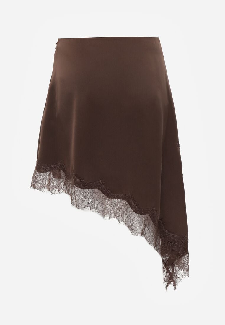Brązowa Satynowa Spódnica o Asymetrycznym Kroju z Koronką Arlivia 7