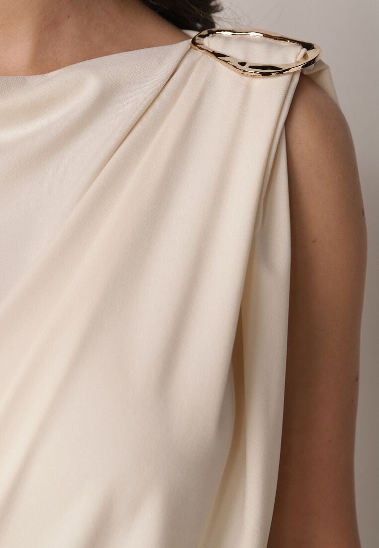 Beżowe Marszczone Body z Dekoltem Łódka i Ozdobną Aplikacją na Ramieniu Carlenka 5