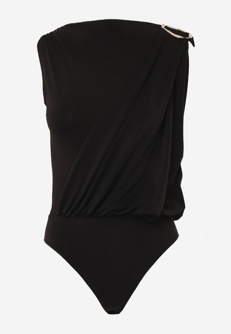 Czarne Marszczone Body z Dekoltem Łódka i Ozdobną Aplikacją na Ramieniu Carlenka 6