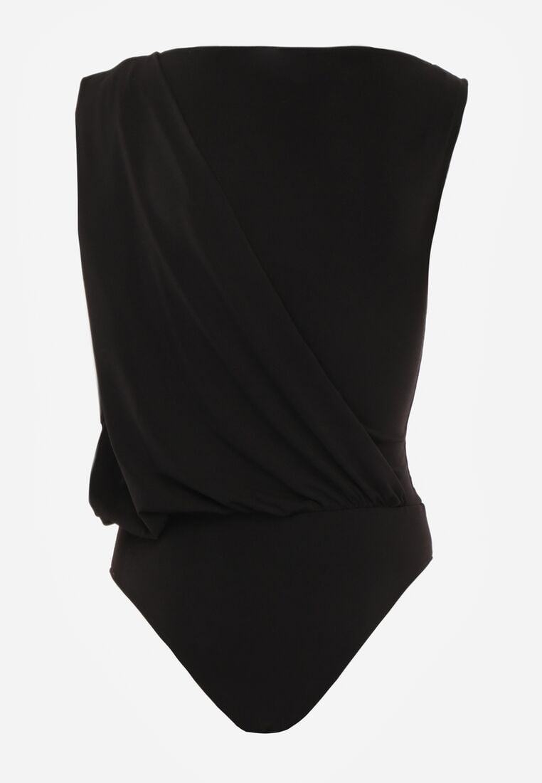 Czarne Marszczone Body z Dekoltem Łódka i Ozdobną Aplikacją na Ramieniu Carlenka 7
