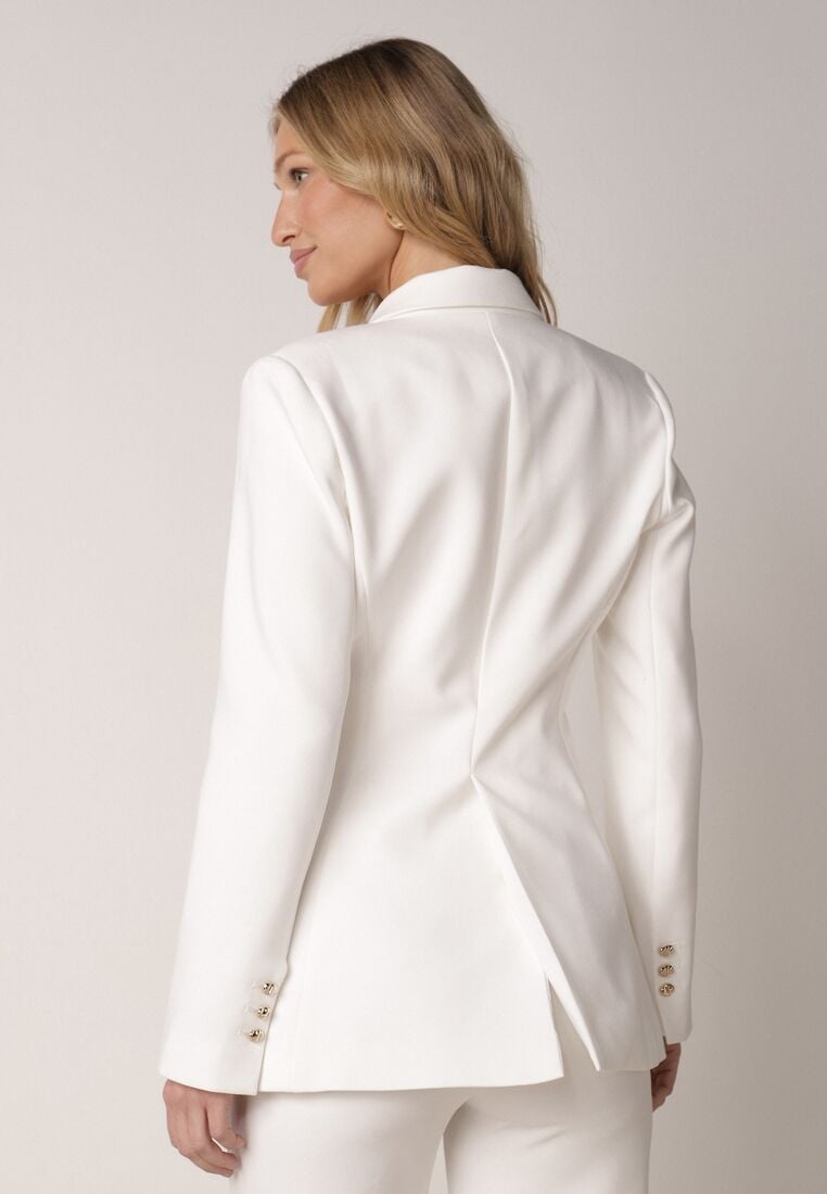 Biała Taliowana Marynarka z Wiskozą z Marszczeniem i Aplikacją przy Wiązaniu Alyndra 3