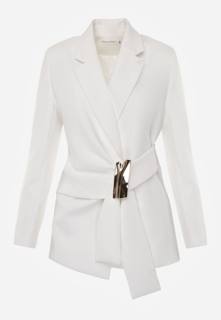 Biała Taliowana Marynarka z Wiskozą z Marszczeniem i Aplikacją przy Wiązaniu Alyndra 6