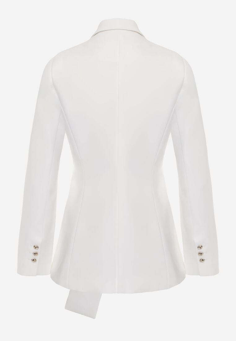 Biała Taliowana Marynarka z Wiskozą z Marszczeniem i Aplikacją przy Wiązaniu Alyndra 7