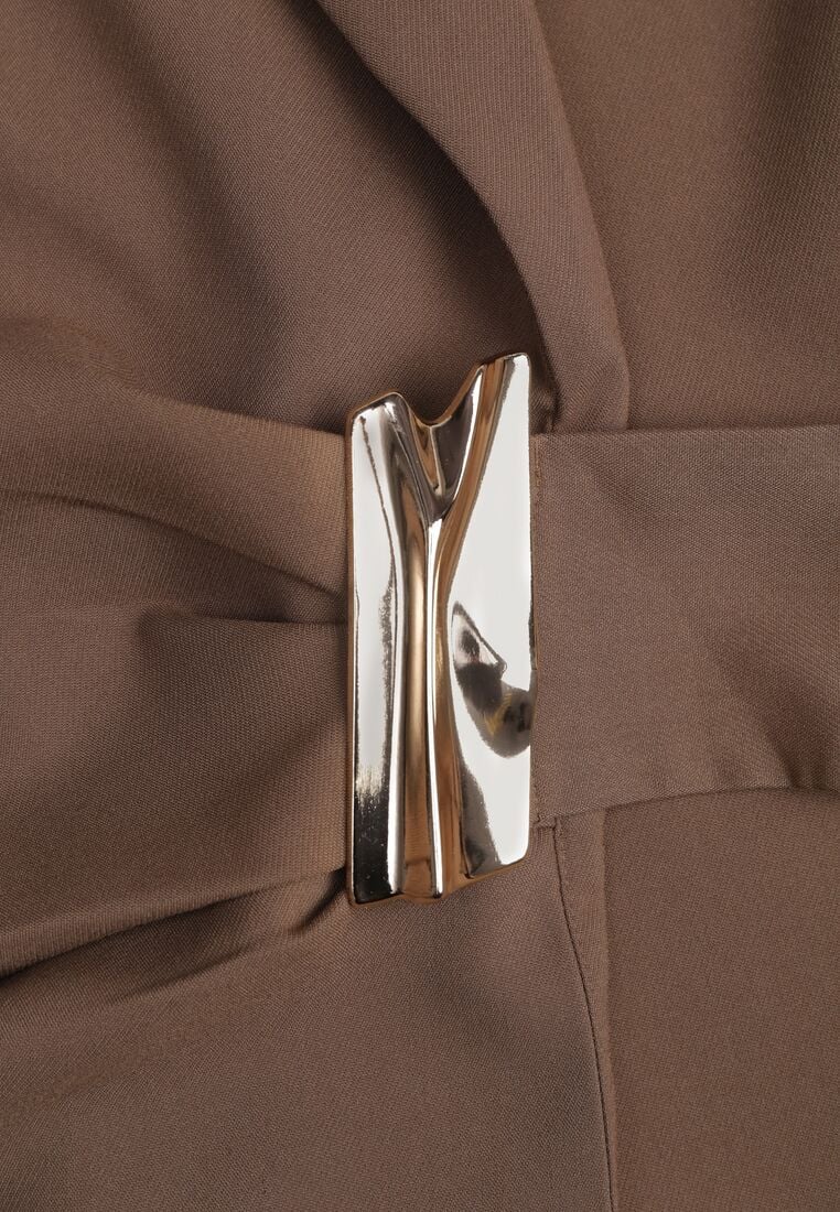 Brązowa Taliowana Marynarka z Wiskozą z Marszczeniem i Aplikacją przy Wiązaniu Alyndra 8