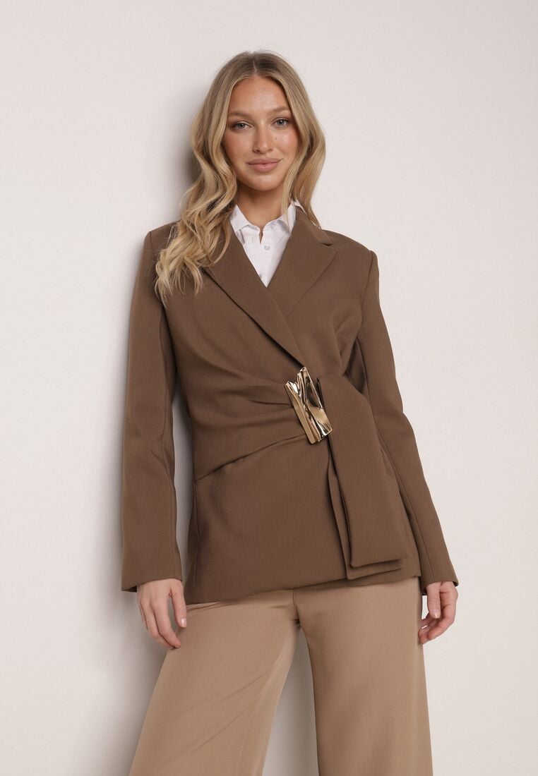 Brązowa Taliowana Marynarka z Wiskozą z Marszczeniem i Aplikacją przy Wiązaniu Alyndra 4