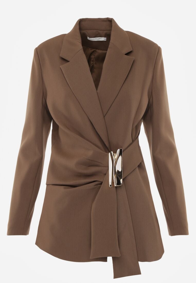 Brązowa Taliowana Marynarka z Wiskozą z Marszczeniem i Aplikacją przy Wiązaniu Alyndra 6