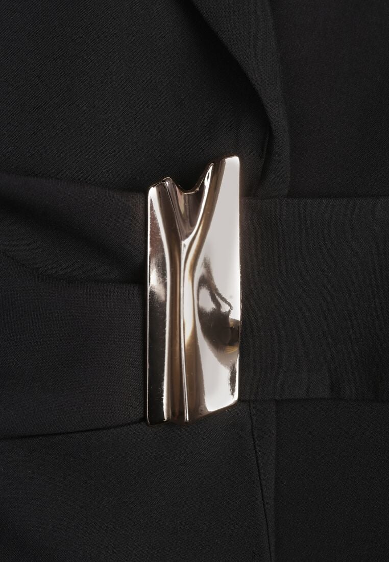 Czarna Taliowana Marynarka z Wiskozą z Marszczeniem i Aplikacją przy Wiązaniu Alyndra 8