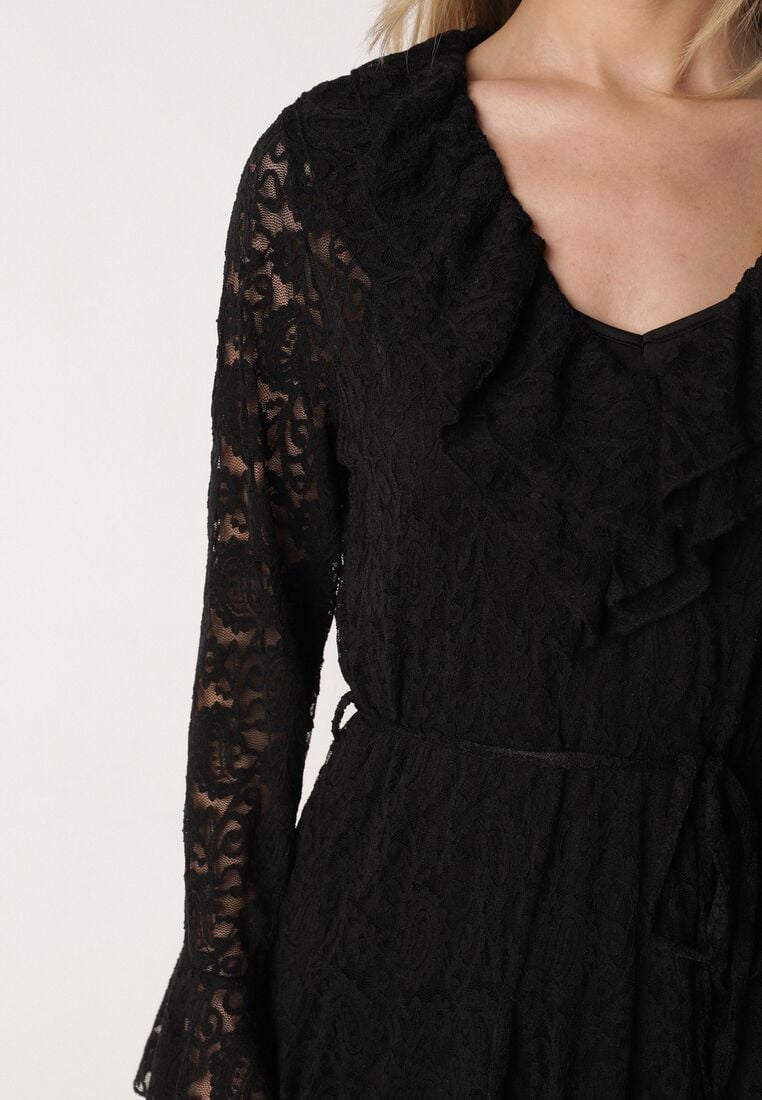 Czarna Koronkowa Sukienka z Cienkim Paskiem i Rozkloszowanymi Rękawami Jovaila 5