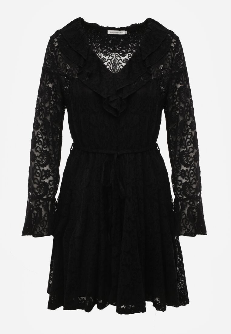 Czarna Koronkowa Sukienka z Cienkim Paskiem i Rozkloszowanymi Rękawami Jovaila 6