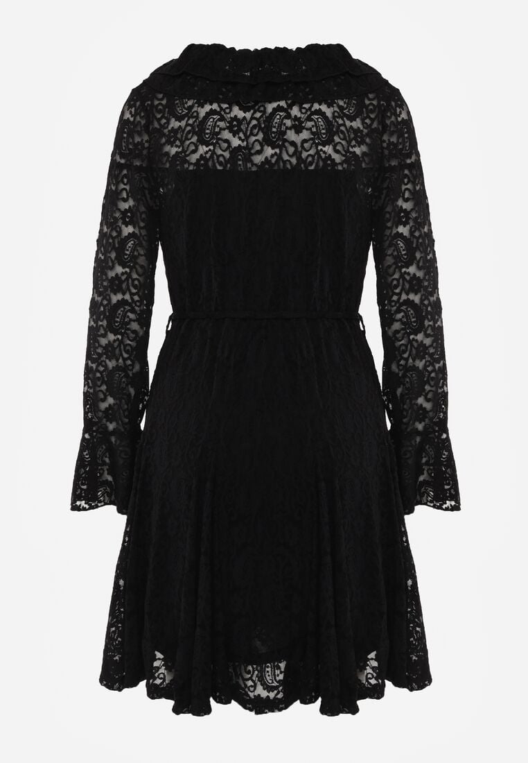 Czarna Koronkowa Sukienka z Cienkim Paskiem i Rozkloszowanymi Rękawami Jovaila 7