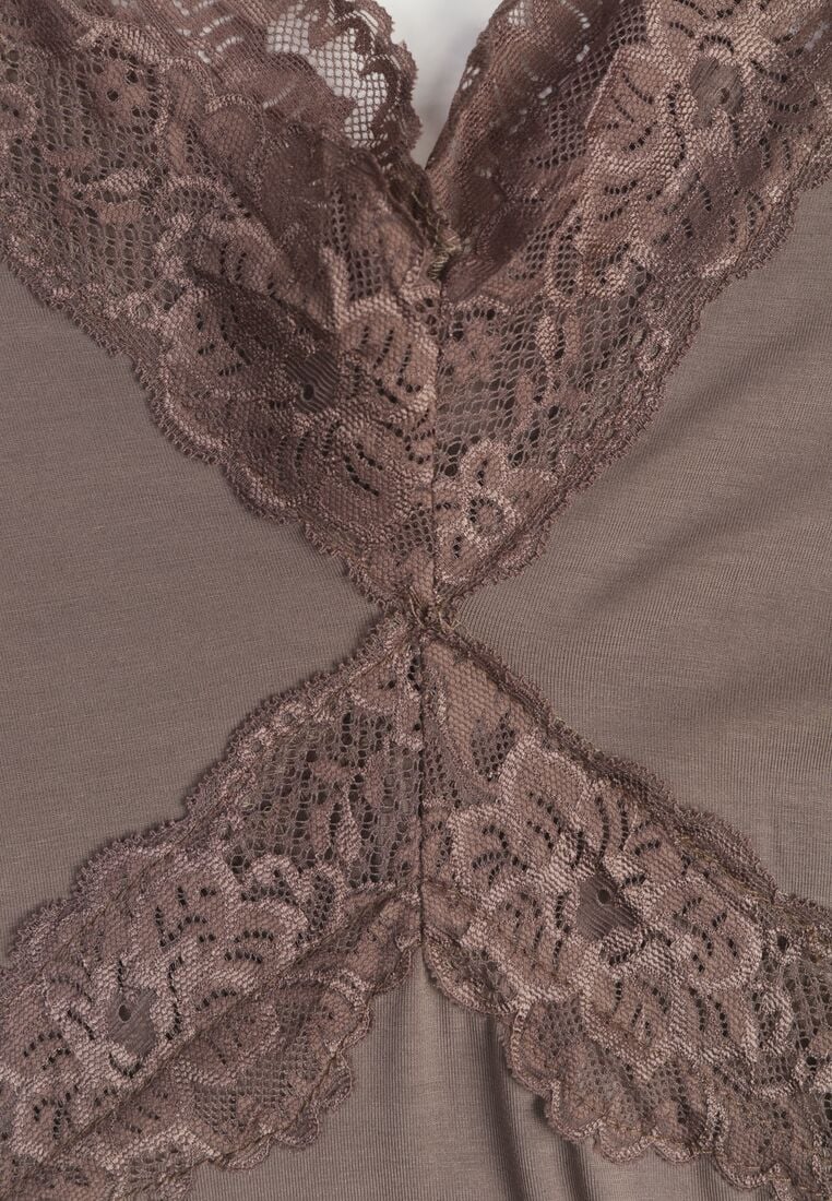 Brązowa Koktajlowa Sukienka z Wiskozy Zdobiona Falbanami Koronką i Wiązaniem Felycia 8