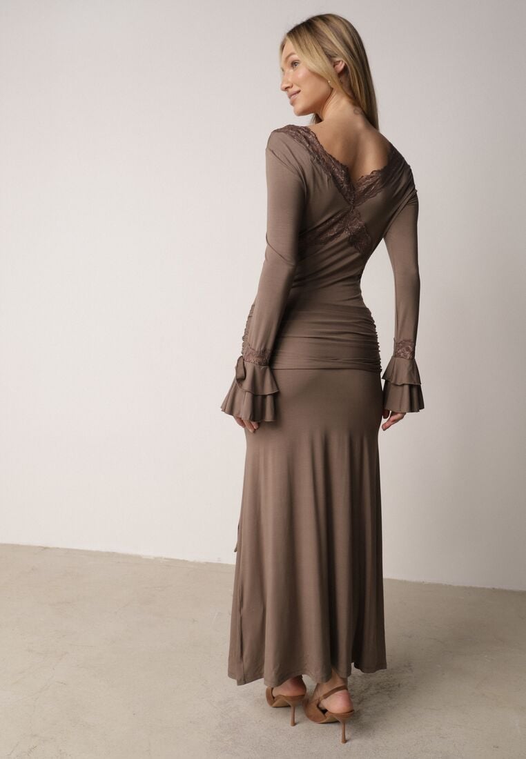 Brązowa Koktajlowa Sukienka z Wiskozy Zdobiona Falbanami Koronką i Wiązaniem Felycia 3