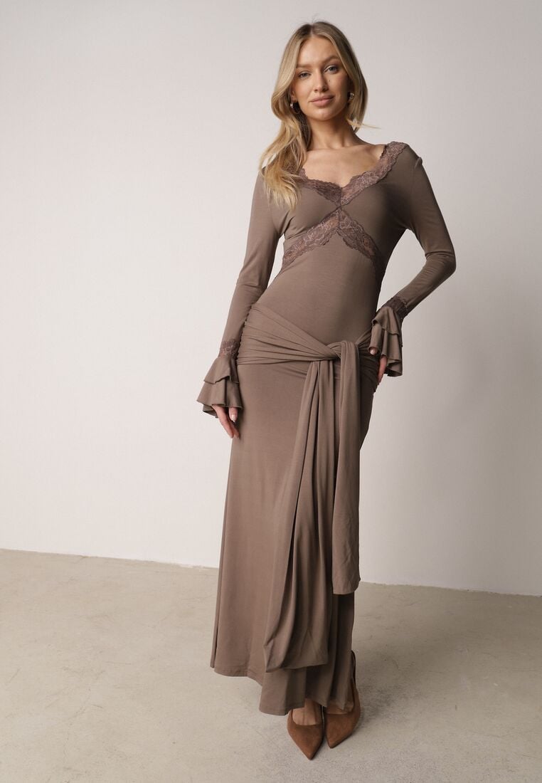 Brązowa Koktajlowa Sukienka z Wiskozy Zdobiona Falbanami Koronką i Wiązaniem Felycia 4