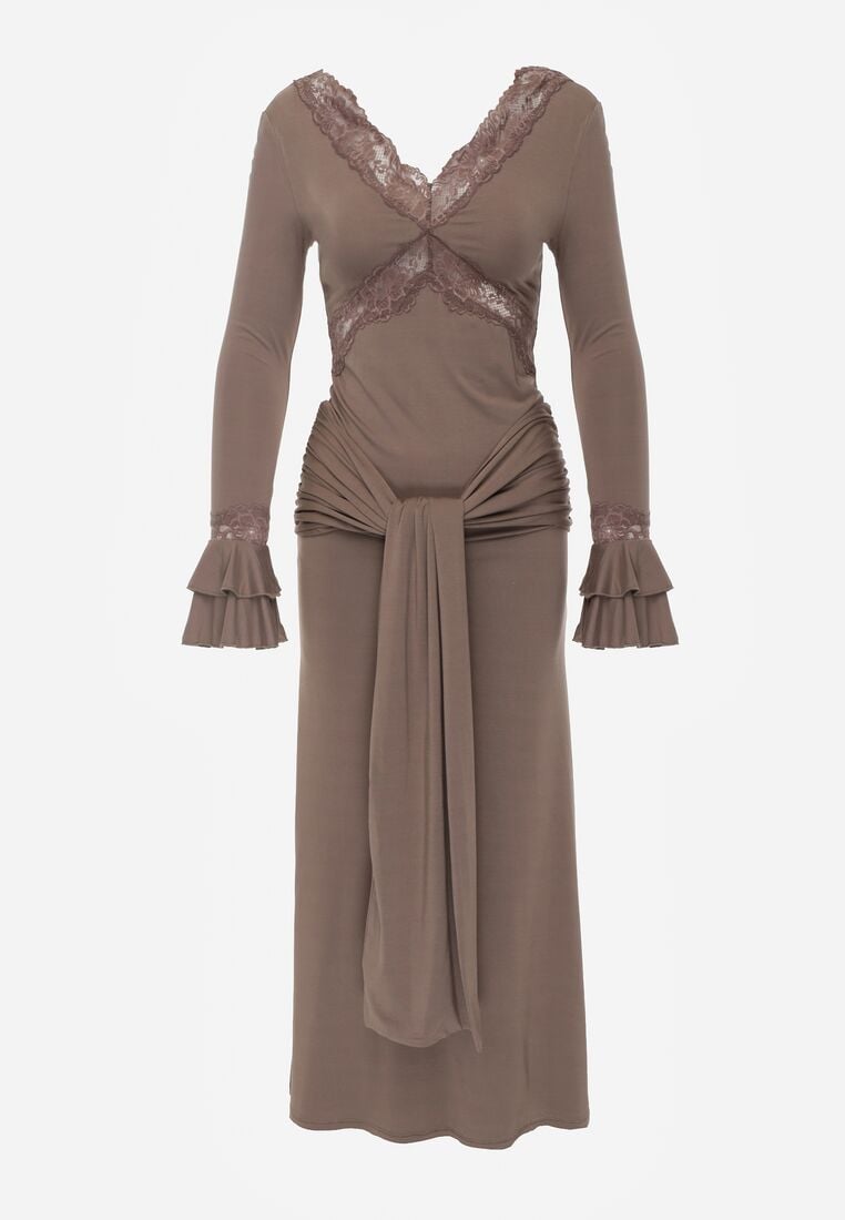 Brązowa Koktajlowa Sukienka z Wiskozy Zdobiona Falbanami Koronką i Wiązaniem Felycia 6