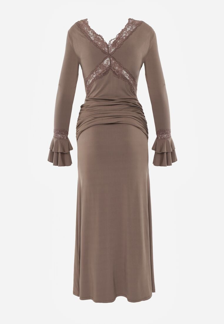 Brązowa Koktajlowa Sukienka z Wiskozy Zdobiona Falbanami Koronką i Wiązaniem Felycia 7