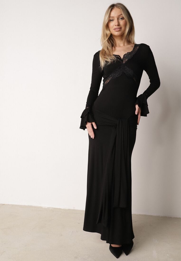 Czarna Koktajlowa Sukienka z Wiskozy Zdobiona Falbanami Koronką i Wiązaniem Felycia 1