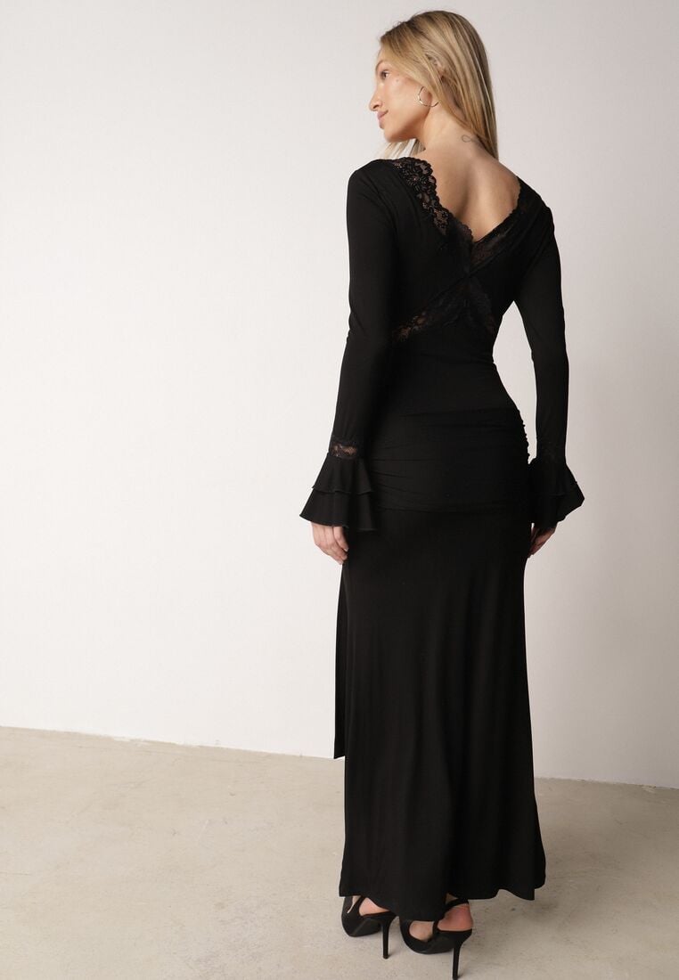 Czarna Koktajlowa Sukienka z Wiskozy Zdobiona Falbanami Koronką i Wiązaniem Felycia 3
