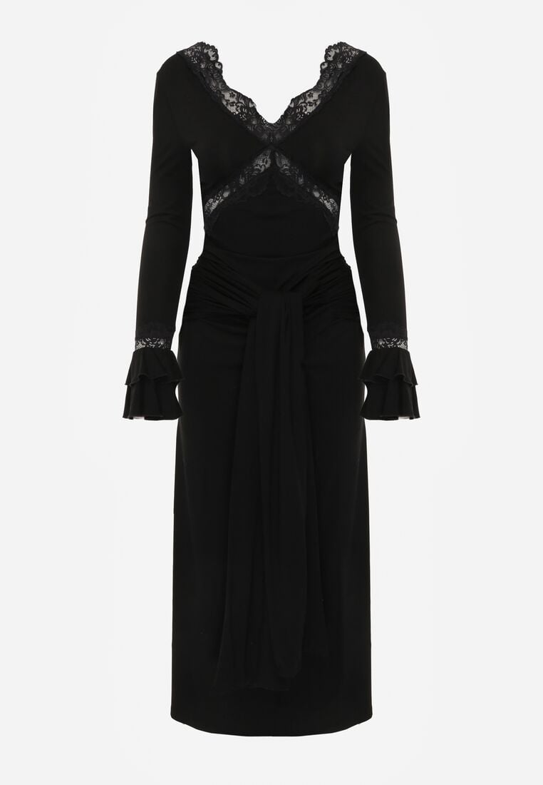 Czarna Koktajlowa Sukienka z Wiskozy Zdobiona Falbanami Koronką i Wiązaniem Felycia 6
