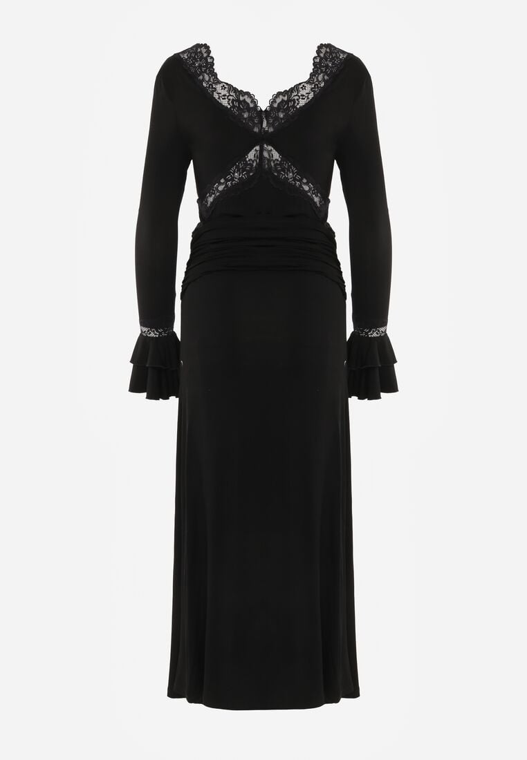 Czarna Koktajlowa Sukienka z Wiskozy Zdobiona Falbanami Koronką i Wiązaniem Felycia 7