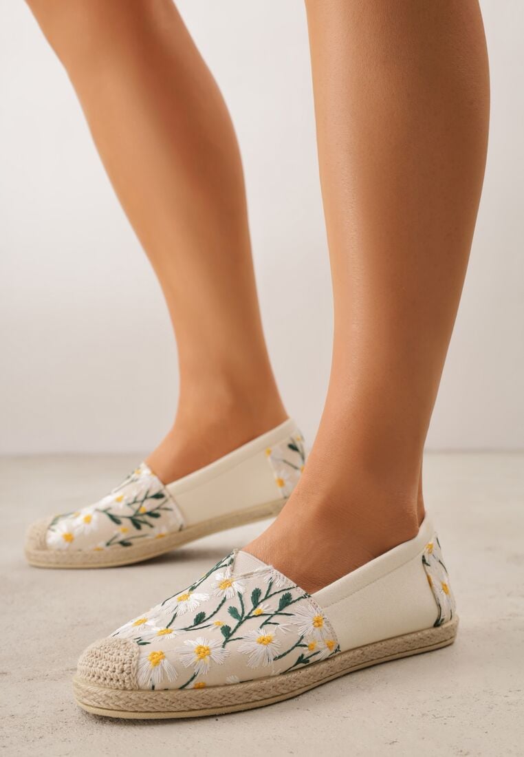 Beżowe Espadryle z Plecionką i Kwiatowym Haftem  Alenara 1