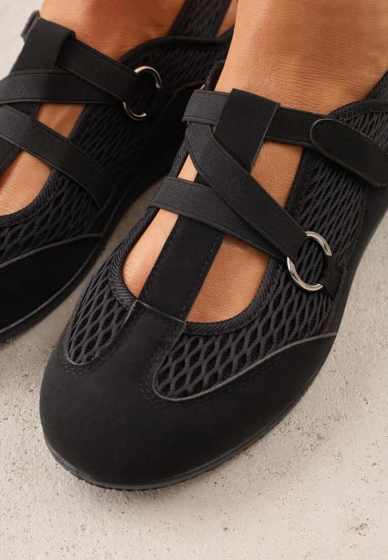 Czarne Siateczkowe Tenisówki w Stylu Balerinek z Paskiem na Rzep Talenate 3