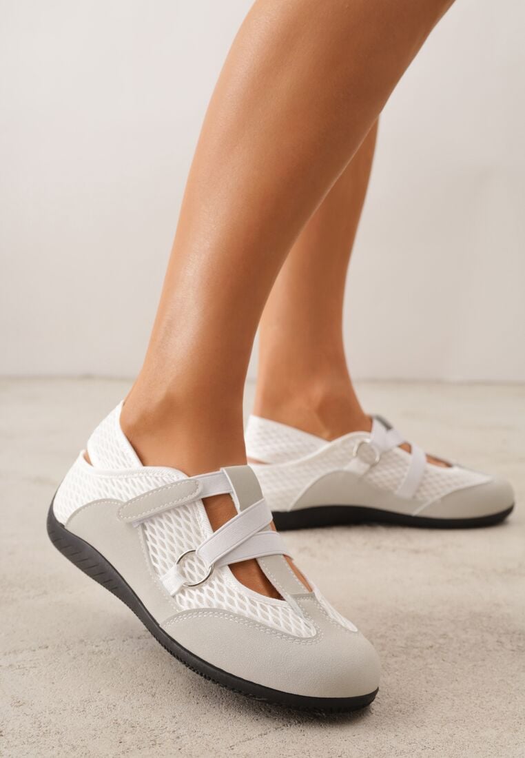 Szare Siateczkowe Tenisówki w Stylu Balerinek z Paskiem na Rzep Talenate 2