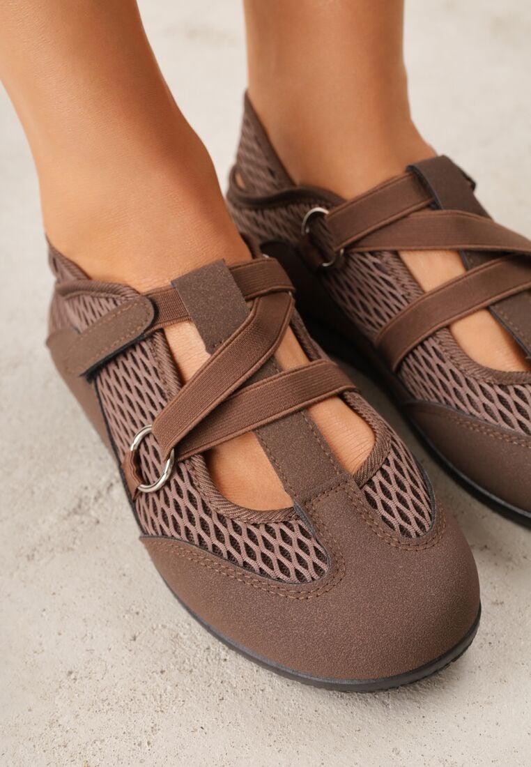 Brązowe Siateczkowe Tenisówki w Stylu Balerinek z Paskiem na Rzep Talenate 3