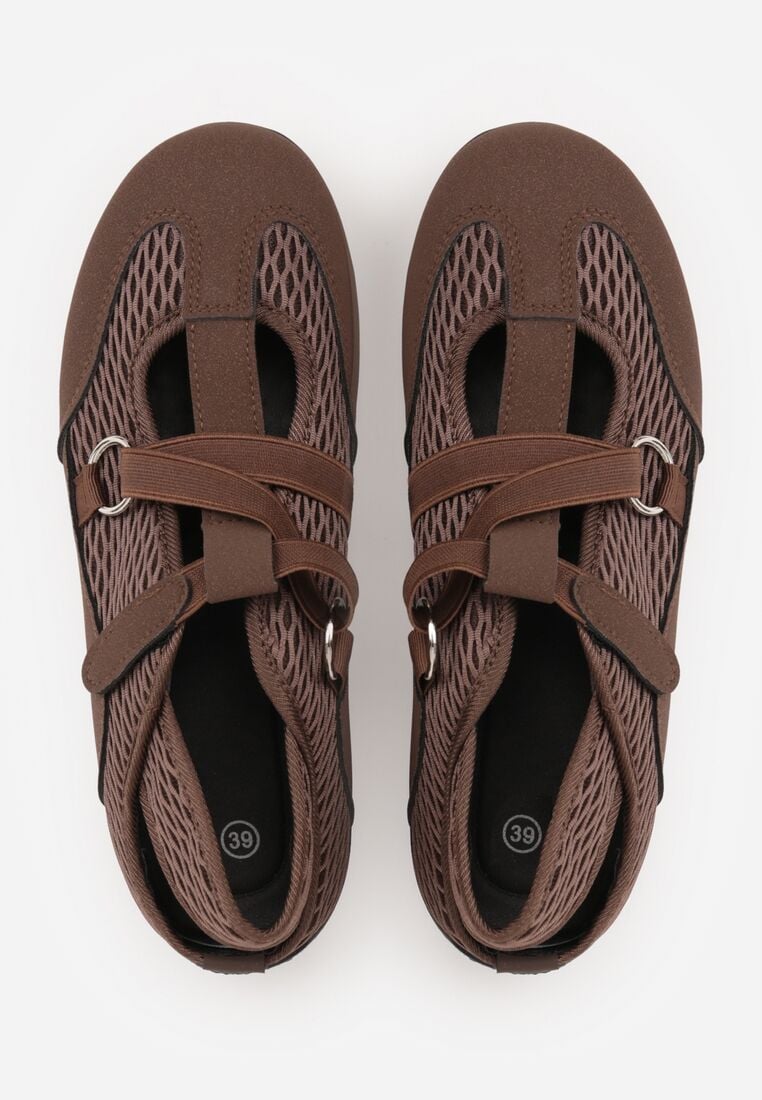 Brązowe Siateczkowe Tenisówki w Stylu Balerinek z Paskiem na Rzep Talenate 6