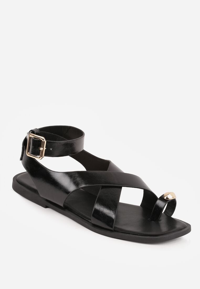 Czarne Sandały Typu Japonki z Metaliczną Ozdobą Meledra 5