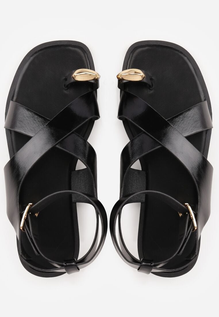 Czarne Sandały Typu Japonki z Metaliczną Ozdobą Meledra 6