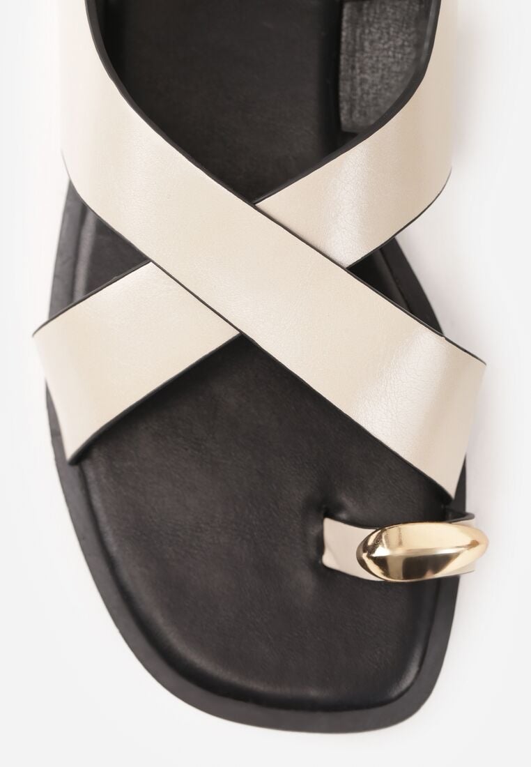 Beżowe Sandały Typu Japonki z Metaliczną Ozdobą Meledra 8