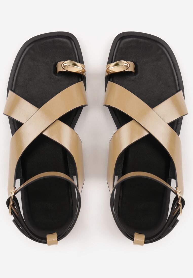 Ciemnobeżowe Sandały Typu Japonki z Metaliczną Ozdobą Meledra 6