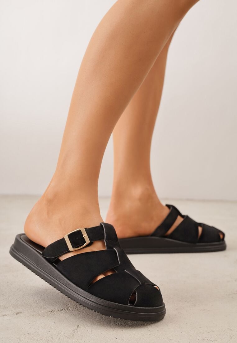Czarne Klapki z Paskami i Kwadratową Sprzączką Olyndar 2