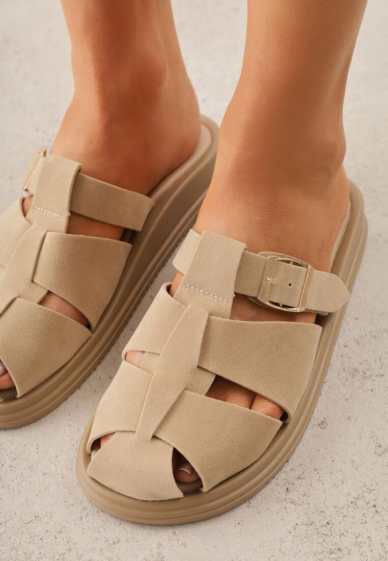 Beżowe Klapki z Paskami i Kwadratową Sprzączką Olyndar 3