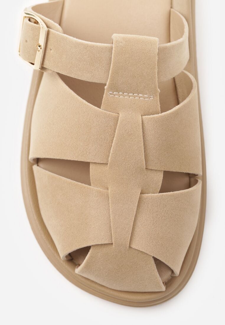 Beżowe Klapki z Paskami i Kwadratową Sprzączką Olyndar 8
