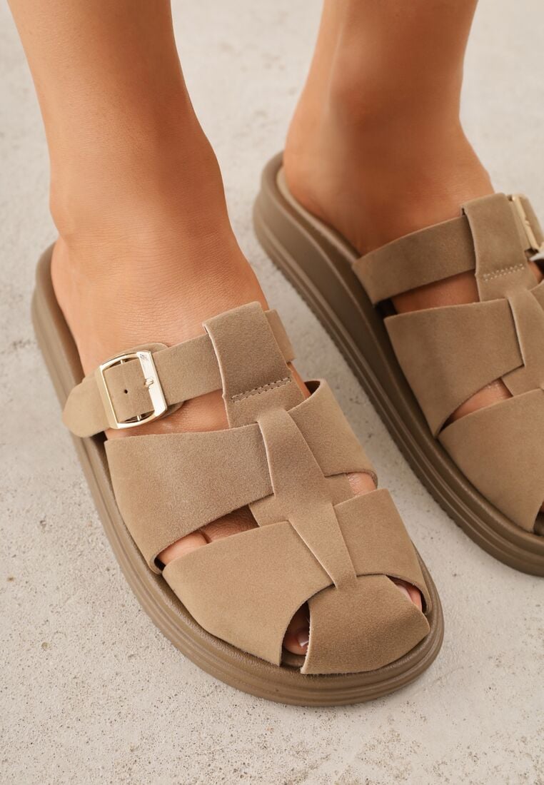 Ciemnobeżowe Klapki z Paskami i Kwadratową Sprzączką Olyndar 3