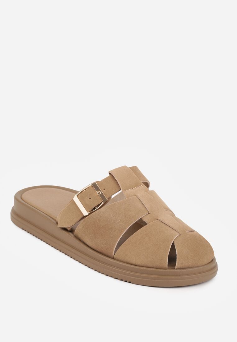 Ciemnobeżowe Klapki z Paskami i Kwadratową Sprzączką Olyndar 5