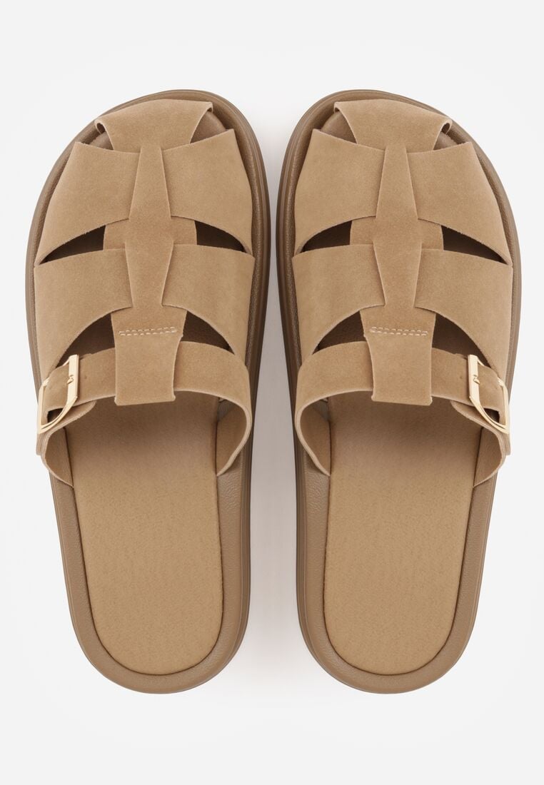 Ciemnobeżowe Klapki z Paskami i Kwadratową Sprzączką Olyndar 6