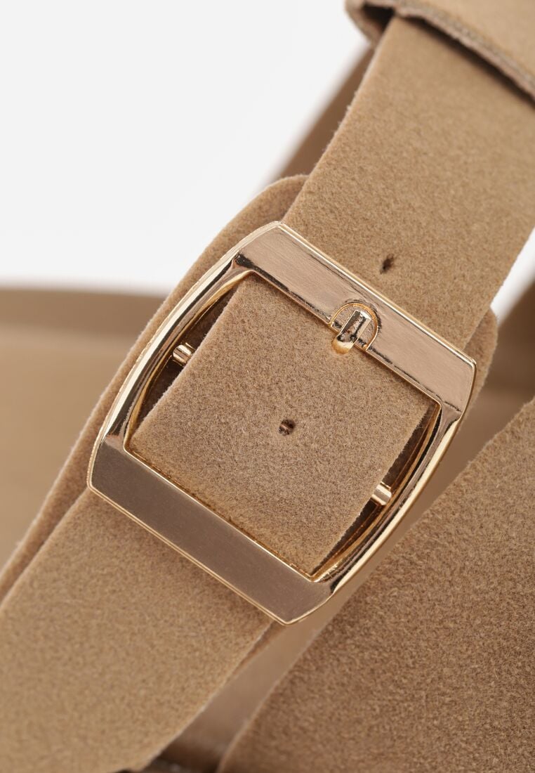 Ciemnobeżowe Klapki z Paskami i Kwadratową Sprzączką Olyndar 9