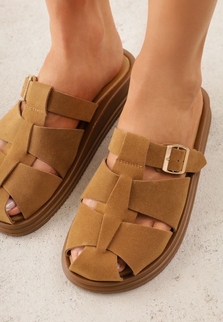Brązowe Klapki z Paskami i Kwadratową Sprzączką Olyndar 3