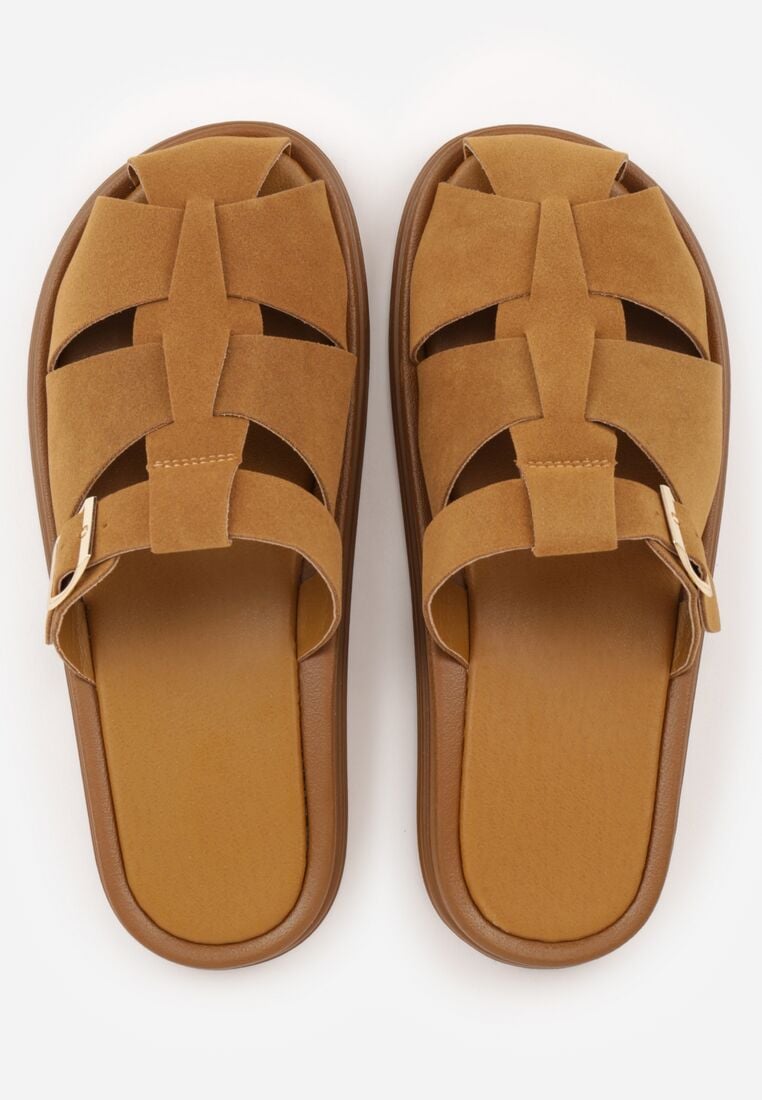 Brązowe Klapki z Paskami i Kwadratową Sprzączką Olyndar 6