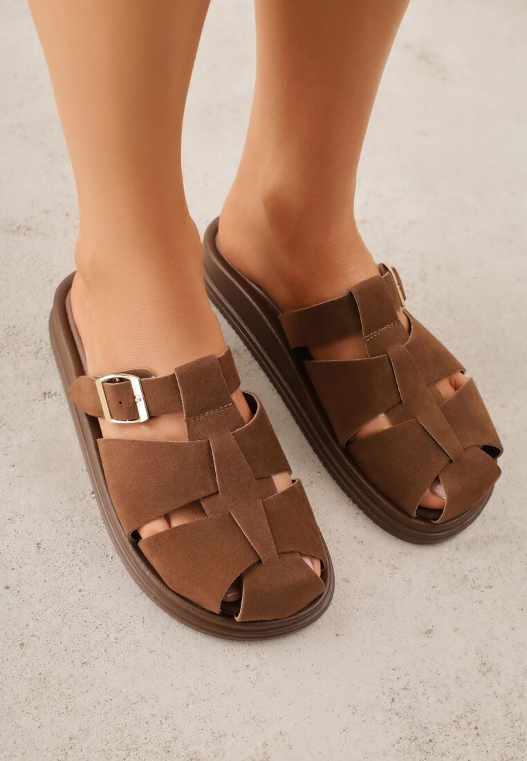 Ciemnobrązowe Klapki z Paskami i Kwadratową Sprzączką Olyndar 3